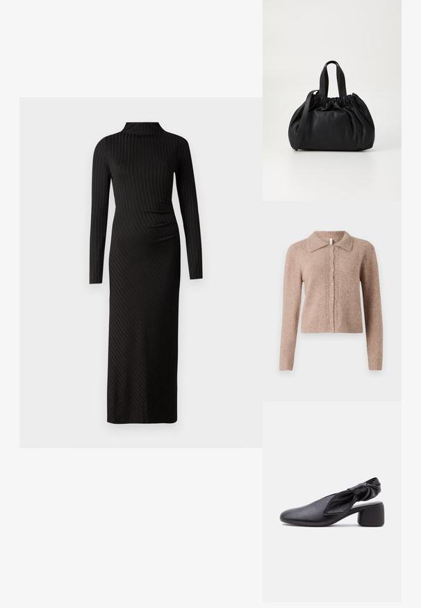 Beige strikket cardigan med krave, prydet med dekorative knapper og diskrete udsmykninger ned foran. Blød tekstur, ribbet kant.; Good American VICTORIAN FUNNEL NECK MIDI DRESS - Strikkjoler - black; Sort læder slingback-sko med rundet tå, detaljer med knyttet rem og lav blokhæl på hvid baggrund.; Sort læderhåndtaske med en samlet topdesign, der har to korte håndtag og en lang justerbar rem. Glat overflade, rund form.