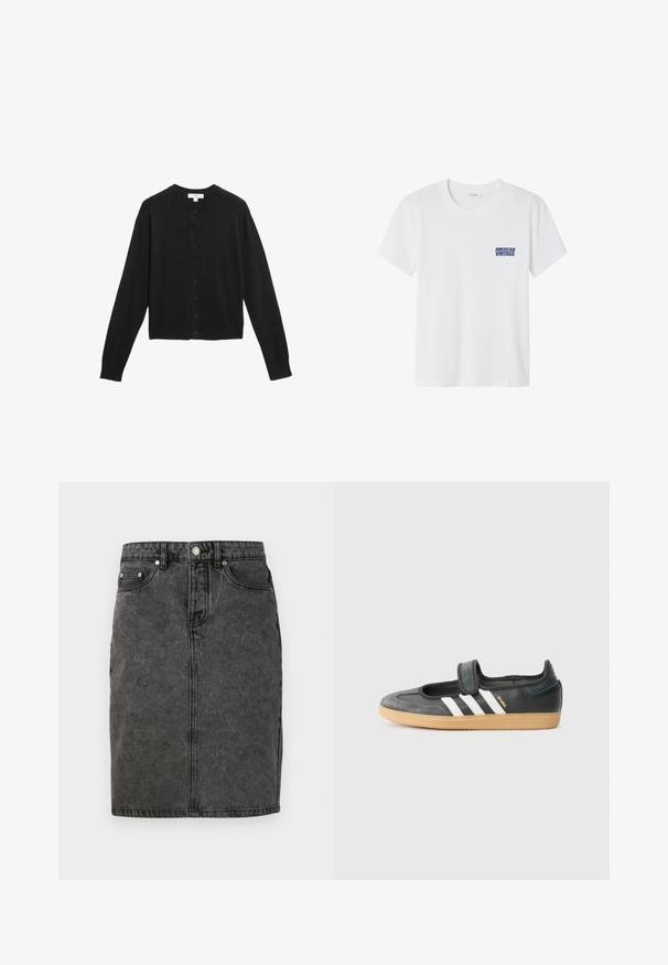 Cardigan noir en tissu doux, avec un col rond, des manches longues et une fermeture à boutons à l'avant avec des boutons noirs assortis.; T-shirt en coton blanc avec un col rond, des manches courtes et un logo bleu "AMERICAN VINTAGE" sur la zone gauche de la poitrine. Texture lisse.; Jupe en denim noir avec une coupe droite, fermeture à boutons à l'avant, passants de ceinture et une texture légèrement délavée, dotée de deux poches latérales.; Sneaker en cuir noir et suède avec une sangle Velcro, arborant trois bandes blanches et une semelle en caoutchouc, étiqueté "SAMBA" sur le côté.