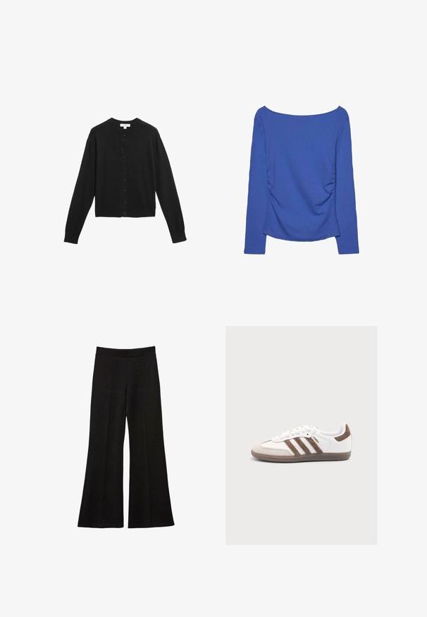 Cardigan noir en tissu doux, avec un col rond, des manches longues et une fermeture à boutons à l'avant avec des boutons noirs assortis.; Haut à manches longues bleu roi avec un large décolleté et des coutures côté froncées, présenté sur un fond blanc.; Pantalon noir évasé taille haute avec coutures devant, ceinture élastique et jambes larges, présenté sur un fond blanc.; Baskets blanches Adidas Samba avec des bandes en daim marron, un patch marron au talon, un bout beige et une semelle en caoutchouc translucide, vues de côté.