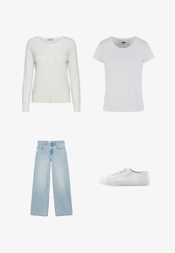 Hvid cardigan med lange ærmer, rund halsudskæring og knaplukning foran. Har en blød tekstur samt ribbede manchetter og kant.; Hvid, kortærmet t-shirt lavet af bomuld. Har en rund halsudskæring og en tætsiddende form. Lappen læser "URBAN CLASSICS."; Lyseblå bukser med vide ben, for- og baglommer, knap- og lynlås-lukning samt diskrete rhinstenudsmykninger.; Hvid lavtop canvas-sneaker med snørebånd foran, gummisål og struktureret tåhætte, vist fra ydersiden mod en hvid baggrund.