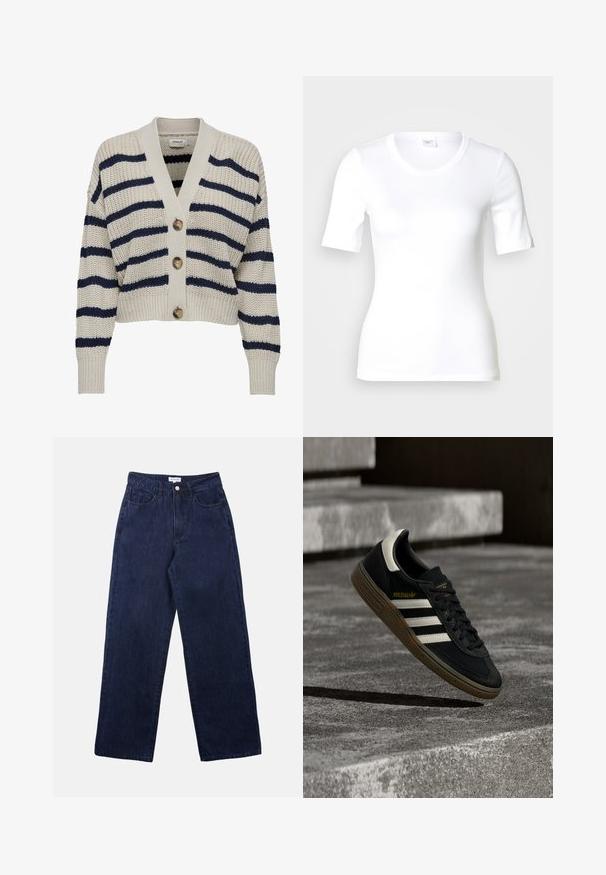 Cárdigan de punto en color crema con rayas navy. Presenta un escote en V, cuatro grandes botones y puños de canalé en las mangas largas.; Camiseta blanca de manga corta hecha de algodón liso, con escote redondo y forma ajustada. Diseño clásico, sin estampados ni adornos.; Pantalones de mezclilla azul oscuro con un diseño de pierna recta, que cuentan con un cierre frontal de botón, pasadores para cinturón y dos bolsillos frontales.; Zapatilla negra de Adidas con rayas blancas y suela de goma flotando sobre escalones de concreto gris a la luz natural.