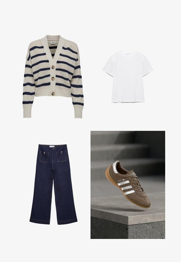 Strikket cardigan i cremegul med marineblå striber. Den har en V-halsudskæring, fire store knapper og ribbede manchetter på de lange ærmer.; Hvid, kortærmet T-shirt med rund hals og lige kant, vist på en hvid baggrund.; Mørkeblå vidde jeansbukser med høj talje, forlommer med metalknapper og synlige syninger.; Brun ruskindssneaker med hvide striber og sølvdetaljer, med tekstureret overdel, snørelukning og gummisål i caramelfarve.