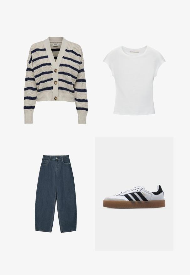 Strikket cardigan i cremegul med marineblå striber. Den har en V-halsudskæring, fire store knapper og ribbede manchetter på de lange ærmer.; Hvid bomuld t-shirt med korte, opsmøgede ærmer, rund halsudskæring og lige kant. Glat tekstur uden synlige mønstre eller detaljer.; Mørkeblå denim buede bukser med høj talje, som har fem lommer og synlige stingdetaljer. Ren, minimalistik design.; Hvide lædersneakers med sorte striber, gummirubber sål, rund tå, snørelukning og blød grå ruskinds tåhætte.