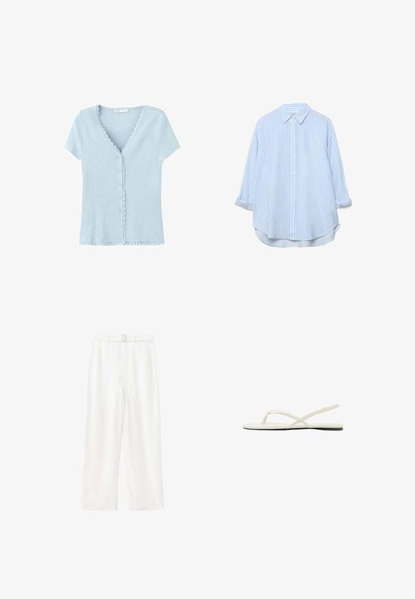 Cardigan bleu clair à manches courtes, boutonné, avec des bords festonnés le long de l'encolure, de la patte de boutonnage et de l'ourlet.; Chemise à manches longues avec boutons, col et poignets retroussés, rayée verticalement bleu clair et blanc, coupe légèrement oversize.; Pantalon blanc taille haute à jambes larges avec ceinture en tissu assortie et poches latérales, présenté sur un fond blanc uni.; Sandale plate blanche avec fines lanières croisées et une bride arrière, vue de côté sur fond blanc.