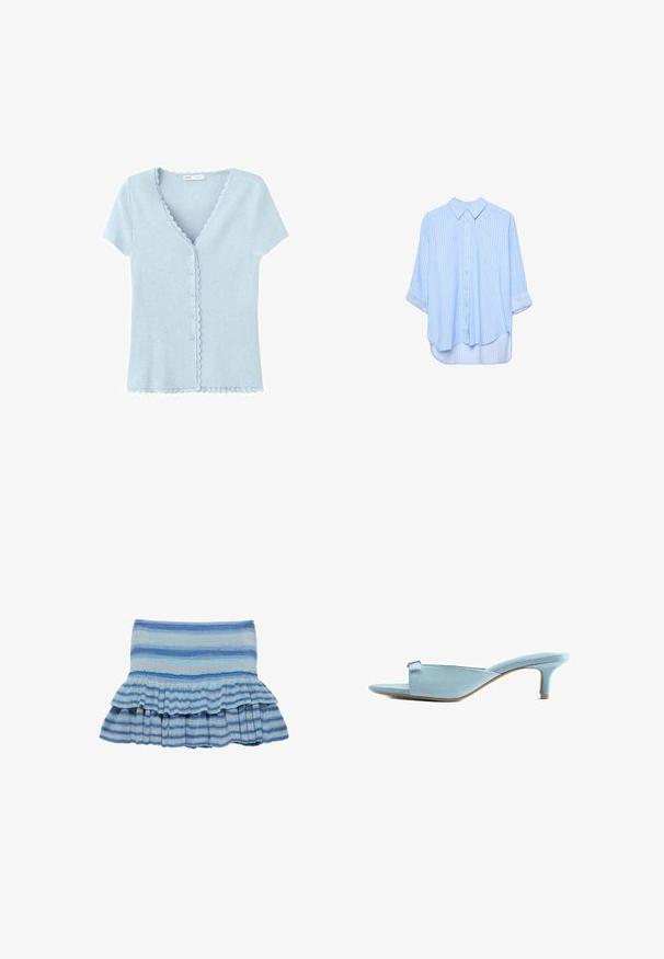 Cardigan bleu clair à manches courtes, boutonné, avec des bords festonnés le long de l'encolure, de la patte de boutonnage et de l'ourlet.; Chemise à manches longues bleu clair à boutons, avec de fines rayures blanches verticales et manches retroussées, présentée sur un fond blanc.; Mini-jupe à rayures bleu et bleu clair avec une texture côtelée et deux volants superposés à l’ourlet, présentée sur fond blanc.; Mule en suède bleu clair à bout ouvert, à petit talon kitten et avec une petite boucle sur la bride supérieure.