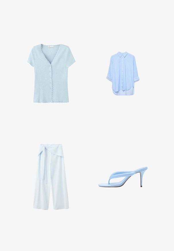 Cardigan bleu clair à manches courtes, boutonné, avec des bords festonnés le long de l'encolure, de la patte de boutonnage et de l'ourlet.; Chemise à manches longues bleu clair à boutons, avec de fines rayures blanches verticales et manches retroussées, présentée sur un fond blanc.; Pantalon large bleu clair à taille haute avec ceinture en tissu nouée à l'avant.; Sandale à talon haut bleu clair avec semelle fine, bride entre les orteils rembourrée et talon aiguille rigide, vue de côté sur fond blanc.