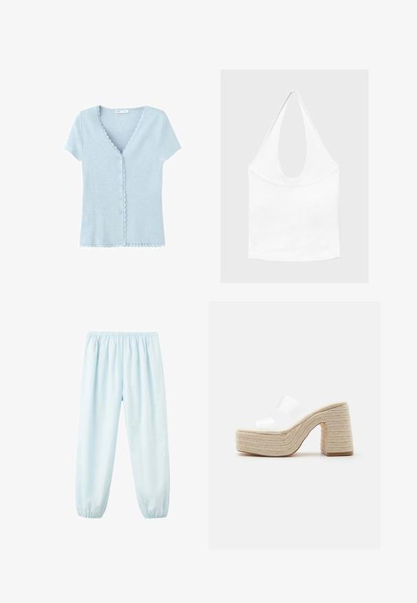 Cardigan bleu clair à manches courtes, boutonné, avec des bords festonnés le long de l'encolure, de la patte de boutonnage et de l'ourlet.; Haut blanc sans manches à encolure américaine, avec un profond col rond et une taille cintrée, présenté sur un fond clair et uni.; Pantalon bleu clair à taille et chevilles élastiques, coupe ample, en tissu léger.; Sandale plateforme avec talon et semelle beige tressés épais, dotée de deux larges brides blanches translucides sur le pied.