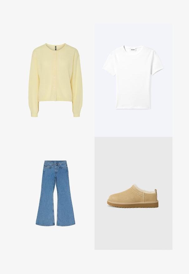 Gelbes Strickjacke aus weichem Strickstoff, mit Rundhalsausschnitt, Knopfverschluss vorne und langen Ärmeln mit gerippten Bündchen.; Einfaches weißes T-Shirt mit kurzen Ärmeln und Rundhalsausschnitt sowie kleinem "WEEKDAY"-Etikett im Nacken, flach auf einem hellen Hintergrund präsentiert.; Blaue hochtaillierte Jeans aus Denim mit weit ausgestellten Beinen, Druckknopf und Reißverschluss vorne sowie einem Fünf-Taschen-Design, flach auf einem weißen Hintergrund ausgelegt.; Suede Slipper in hellbraun, ausgestattet mit einem weichen Fellfutter und einer strukturierten Gummisole mit einem leichten Absatz sowie einer Zugschlaufe hinten für einfaches An- und Ausziehen.