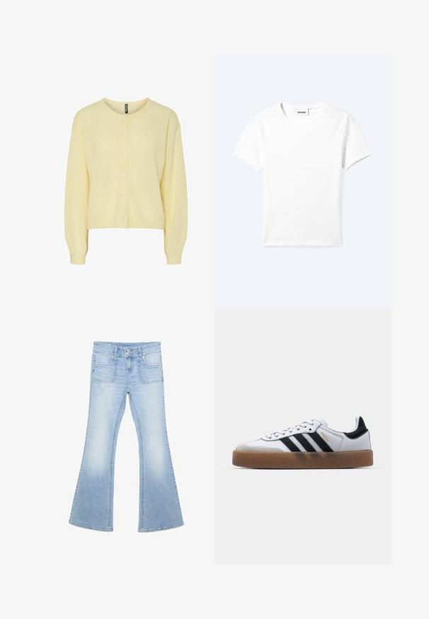 Gul cardigan lavet af blødt strikstof, med rund halsudskæring, knaplukning foran og lange ærmer med ribbede manchetter.; Ensfarvet hvid t-shirt med korte ærmer og rund halsudskæring med en lille "WEEKDAY" label indeni halskanten, vist fladt på en lys baggrund.; Lyseblå, højtaljede flared jeans med to forlommer, dobbelt knaplås og diskret falmet vask på lår og knæ.; Hvide lædersneakers med sorte striber, gummirubber sål, rund tå, snørelukning og blød grå ruskinds tåhætte.
