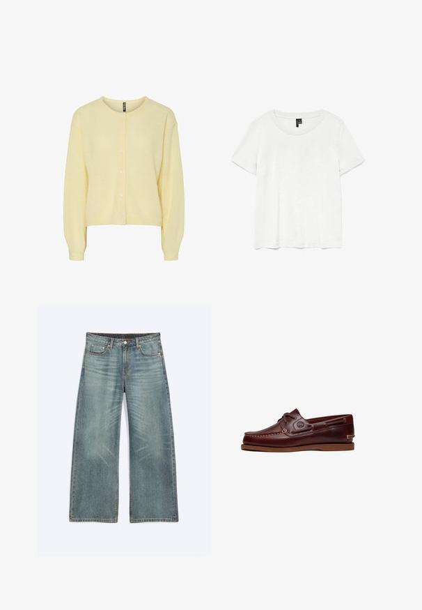 Gul cardigan lavet af blødt strikstof, med rund halsudskæring, knaplukning foran og lange ærmer med ribbede manchetter.; Hvid kortærmet t-shirt med rund halsudskæring, lavet af letvægtsstof. Enkel design, glat tekstur og lige kant.; Blå vidde jeans med forlommer, bæltestropper, knaplukning og subtile falmede detaljer på lår og knæ.; Brun læder bådsko med snørre, syningsdetaljer og Timberland-logo på siden, vist på en hvid baggrund.