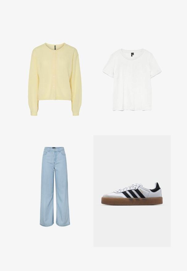 Gul cardigan lavet af blødt strikstof, med rund halsudskæring, knaplukning foran og lange ærmer med ribbede manchetter.; Hvid kortærmet t-shirt med rund halsudskæring, lavet af letvægtsstof. Enkel design, glat tekstur og lige kant.; Lyseblå vidde jeans med høj talje, forlommer, bæltestropper og en knaplukning fra mærket Pieces.; Hvide lædersneakers med sorte striber, gummirubber sål, rund tå, snørelukning og blød grå ruskinds tåhætte.