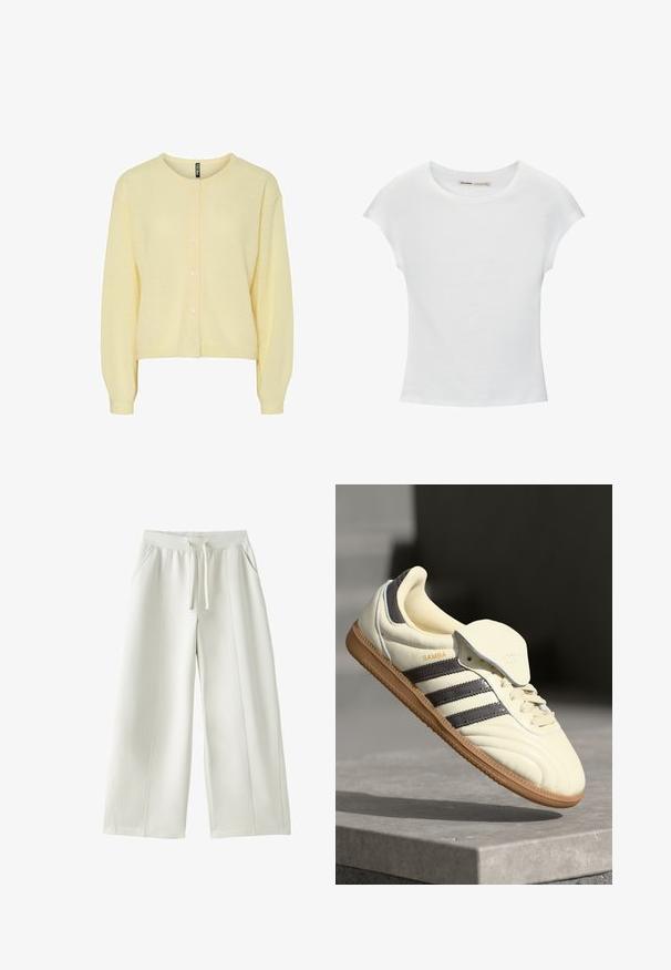 Gul cardigan lavet af blødt strikstof, med rund halsudskæring, knaplukning foran og lange ærmer med ribbede manchetter.; Hvid bomuld t-shirt med korte, opsmøgede ærmer, rund halsudskæring og lige kant. Glat tekstur uden synlige mønstre eller detaljer.; Hvide bukser med vide ben, elastik i taljen, snøre foran, sidelommer og synlige syninger på ensfarvet baggrund.; Cremefarvede lædersneakers med tre mørke striber, en brun gummisål og en afrundet tå. Har en foldbar tunge mærket "SAMBA."