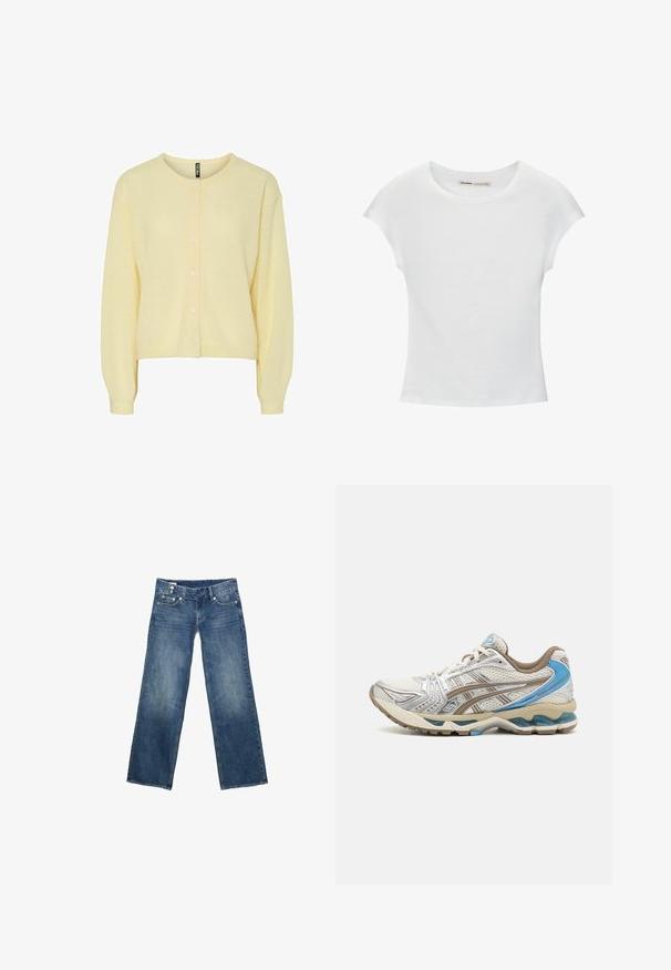 Gelbes Strickjacke aus weichem Strickstoff, mit Rundhalsausschnitt, Knopfverschluss vorne und langen Ärmeln mit gerippten Bündchen.; Weißes Baumwoll-T-Shirt mit kurzen, aufgerollten Ärmeln, rundem Ausschnitt und geradem Saum. Glatte Textur ohne sichtbare Muster oder Akzente.; Blaue Jeans aus Denim mit weiten, geraden Beinen, vorderen Taschen, Gürtelschlaufen und doppeltem Knopfverschluss am Bund.; Weißer und beiger Laufschuh mit blauen Akzenten, Mesh-Obermaterial, gepolsterter Sohle und Schnürdesign, von der Außenseite gezeigt.