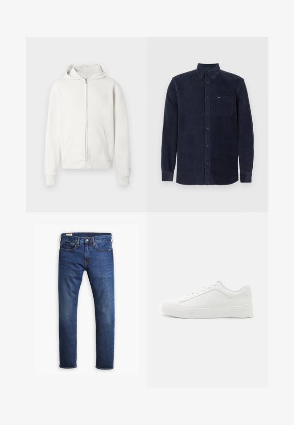Weiße Zip-Hoodie aus weichem Stoff, mit einer Kapuze mit Kordelzug, vorderen Taschen und gerippten Bündchen sowie Saum für zusätzliche Details.; Langärmliges, navyblaues Kordhemd mit Knopfleiste, Frontbrusttasche und Kragen, flach auf einem weißen Hintergrund ausgelegt.; Blaue Jeans aus Denim mit geradem Bein, fünf Taschen, einem Knopf- und Reißverschluss und kontrastierenden goldenen Nähten.; Weiße Low-Top-Sneaker aus glattem Leder mit runder Schuhspitze, flachen Sohlen und dezentem Branding an der Seite.