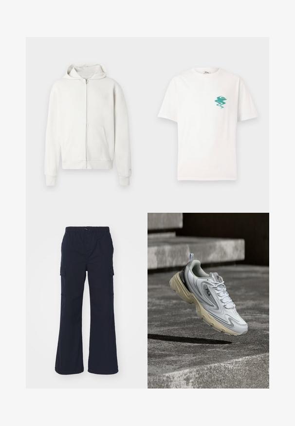 Weiße Zip-Hoodie aus weichem Stoff, mit einer Kapuze mit Kordelzug, vorderen Taschen und gerippten Bündchen sowie Saum für zusätzliche Details.; Weißes T-Shirt mit kurzen Ärmeln und kleinem grünen abstrakten Wellen- und Berglogo auf der linken Brust, vor einem schlichten Hintergrund.; Marineblaue Cargo-Hose mit elastischem Bund, zwei Seitentaschen und weiten, schwingenden Beinen; aus leichtem Stoff mit glatter Textur gefertigt.; Weiße und beige FILA-Sneaker, die über Betontreppen schweben und seitliche sowie obere Designdetails mit Schnürsenkeln und Markenlogo zeigen.
