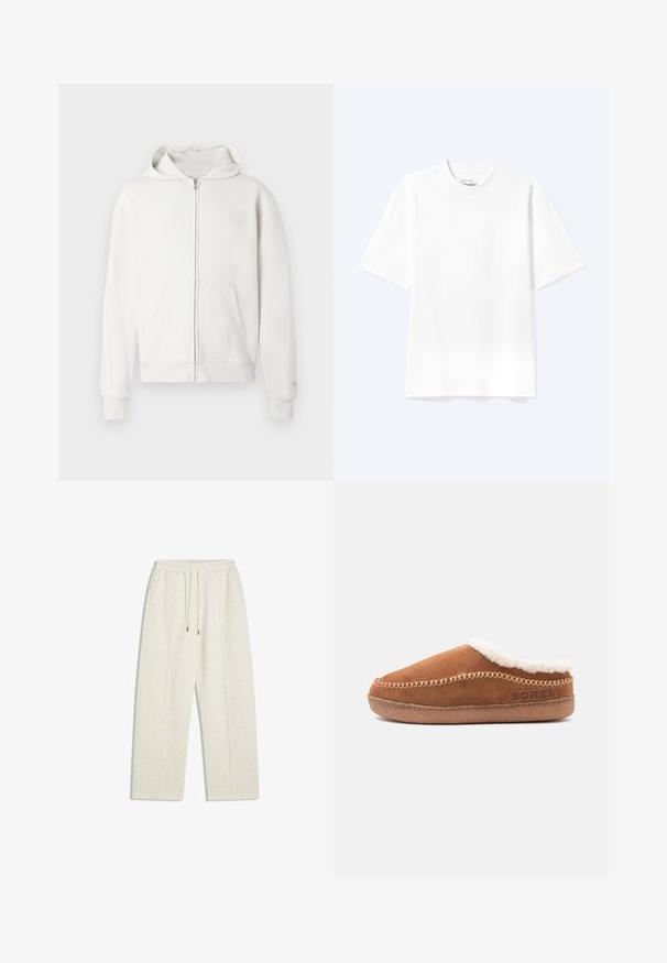 Hvid zip-up hoodie lavet af blødt stof, med en hætte med snoretræk, forlommer og ribstrik ved håndled og kant for ekstra detalje.; Enkel hvid T-shirt med korte ærmer og rund hals med afslappet pasform, vist på en lys baggrund.; Lys beige, vide sweatpants lavet af blødt materiale. Har en elastisk talje med snor og sidelommer for funktionalitet.; Brun ruskind slip-on hjemmesko med hvid fleeceforing og syningsdetalje, med Sorel-logo på siden.