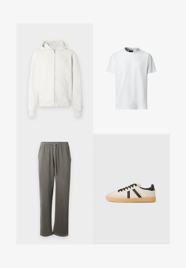 Hvid zip-up hoodie lavet af blødt stof, med en hætte med snoretræk, forlommer og ribstrik ved håndled og kant for ekstra detalje.; Hvid, kortærmet T-shirt med rund hals, vist forfra på hvid baggrund med synligt mærke indeni kraven.; Grå bomulds-sweatpants med elastisk talje og snor, med sidelommer og en afslappet pasform hele vejen ned ad benene.; Casual sneakers i creme med sorte striber, med en tekstureret overdel og sål i gummigummi. Snørebåndene er sorte. Diskret logo på siden.