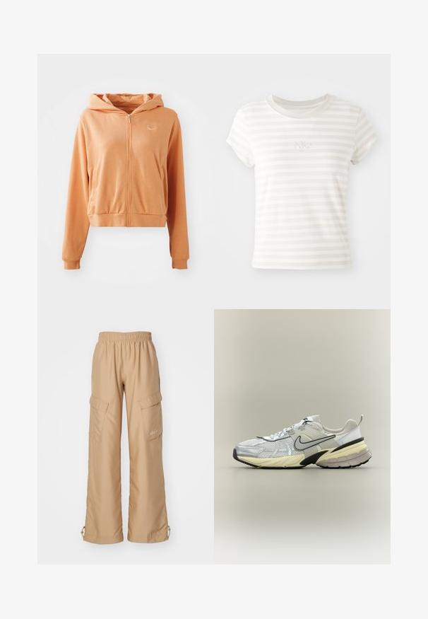 Sudadera con cremallera de color naranja, hecha de una tela suave. Presenta mangas largas, capucha, dobladillo y puños elásticos, y un pequeño logo blanco en el pecho.; Camiseta de tirantes cortos a rayas blancas, hecha de algodón suave. Presenta un cuello redondo y un pequeño logo de Nike bordado en el pecho.; Nike Sportswear TREND - Pantalones cargo - hemp; Zapatilla Nike blanca y gris con parte superior de malla, logo swoosh negro, entresuela beige y suela negra sobre un fondo claro.