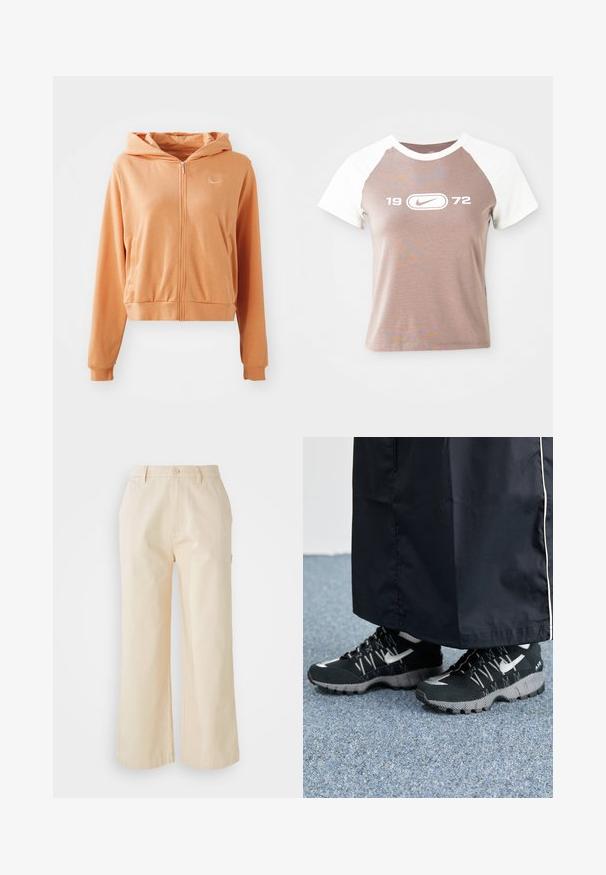 Sudadera con cremallera de color naranja, hecha de una tela suave. Presenta mangas largas, capucha, dobladillo y puños elásticos, y un pequeño logo blanco en el pecho.; Camiseta de manga corta con un cuerpo de color marrón claro y mangas raglán blancas, que presenta un gran logotipo gráfico blanco y el año "1972" centrado en el frente.; Pantalones de pierna ancha de color beige claro, hechos de algodón con una textura suave, que cuentan con un cierre frontal de botón y bolsillos laterales.; Zapatillas deportivas negras con un upper texturizado, detalles plateados y una suela con patrón, combinadas con una prenda larga negra. Colocadas sobre una alfombra azul.