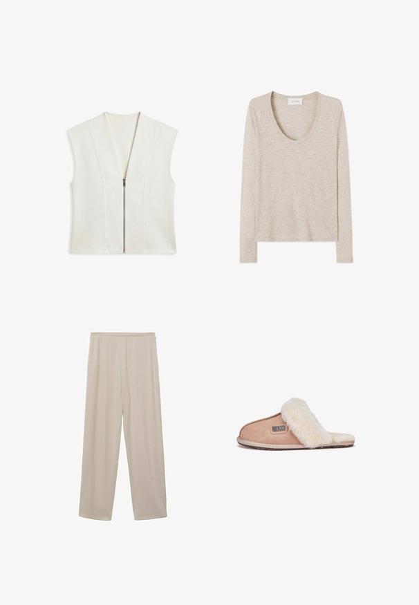Veste sans manches crème avec un profond col en V et une fermeture éclair à l'avant. Confectionnée dans un tissu doux avec des coutures verticales pour un effet structuré.; Haut beige à manches longues, col rond, tricot léger avec un ourlet droit, montré à plat sur un fond blanc.; Pantalon beige clair à jambes droites avec une ceinture élastique, fabriqué en tissu doux et lisse, présenté sur un fond blanc.; Chausson en daim beige avec une douce doublure en fourrure blanche, design à bout ouvert, semelle plate et une petite étiquette de marque sur le côté.