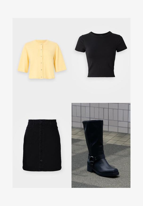 Cardigan jaune court à manches courtes et col rond, doté d'une fermeture boutonnée à l'avant avec six petits boutons.; T-shirt noire courte en coton solide, à manches courtes et col rond, avec un design lisse et simple.; Jupe en denim noir avec fermeture à boutons sur le devant, deux poches, une coupe droite et un ourlet net. Fabriquée dans un tissu solide avec une texture lisse.; Botte en cuir noire mi-mollet avec un petit talon bloc et une bride décorative avec boucle métallique autour de la cheville, sur un trottoir carrelé.