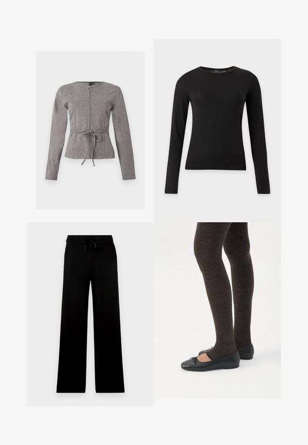 Veste grise à manches longues avec fermeture éclair frontale et lien à la taille, présentant un motif chevron discret et un col rond.; Chemise noire ajustée à manches longues avec col rond, présentée sur un fond clair uni.; Pantalon noir à jambes larges avec taille élastique et cordon ajustable, présenté sur un fond clair uni.; Jambes portant des leggings côtelés foncés associés à des ballerines noires avec de petits détails en nœud sur fond blanc.