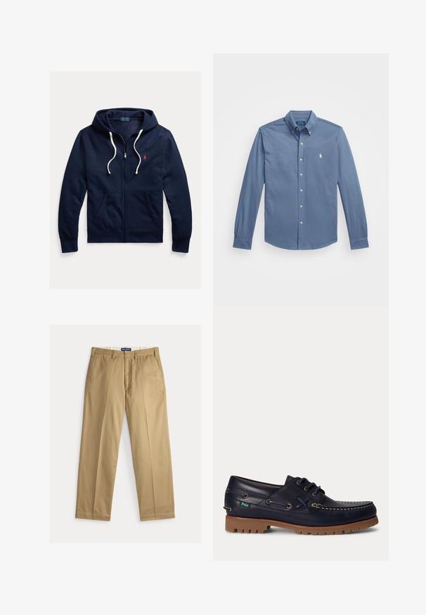 Tmavomodrá mikina s kapucňou na zips s bielymi šnúrkami, prednými vreckami a malým červeným logom Polo Ralph Lauren na ľavej strane hrudníka.; Košeľa na gombíky v svetlom modrom odtieni, vyrobená z bavlny, s dlhými rukávmi a gombíkovými manžetami, klasickým golierom a vyšitým logom na hrudi.; Béžové chino nohavice z bavlnenej tkaniny. Strih s rovnými nohavicami, s hladkým predným dielom, dvomi bočnými vreckami a pásom so zapínaním na gombík.; Tmavomodrá kožená topánka na loď s hnedou gumovou podrážkou, bielymi stehmi, šnúrkami a malou zelenou nálepkou Polo na boku.