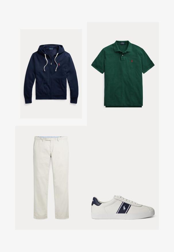 Marineblaue Kapuzenjacke mit Reißverschluss, weißen Kordeln, Fronttaschen und kleinem roten Polo Ralph Lauren-Logo auf der linken Brust.; Grünes Polo mit kurzen Ärmeln, Kragen, zwei Knöpfen auf der Knopfleiste und einem kleinen roten gestickten Logo auf der linken Brust.; Cremefarbene gerade geschnittene Hosen mit Gürtelschlaufen und verdecktem vorne liegenden Verschluss auf einfarbigem Hintergrund.; Weißer niedriger Sneaker mit dunkelblauem Streifen und Logo an der Seite sowie dunkelblauer Fersenschlaufe, flacher weißer Sohle und weißen Schnürsenkeln.
