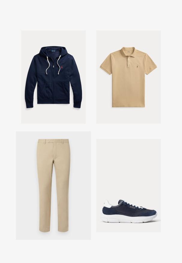 Tmavomodrá mikina s kapucňou na zips s bielymi šnúrkami, prednými vreckami a malým červeným logom Polo Ralph Lauren na ľavej strane hrudníka.; Béžové polo tričko Polo Ralph Lauren s krátkym rukávom, dvoma gombíkmi a vyšívaným logom kone na ľavej strane hrudníka.; Béžové bavlnené nohavice so rovnými nohavicami, ktoré majú pútka na opasok, plochý predný diel a upravené lemy. Hladká textúra a minimálne detaily.; Námorné tenisky s kombináciou hladkej kože a semišu na hornej časti, bielou gumovou podrážkou a kontrastnými bielymi šnúrkami s logom na boku.