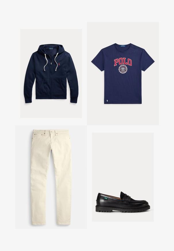 Marineblauwe hoodie met rits, witte trekkoorden, voorzakken en klein rood Polo Ralph Lauren-logo op de linkerborst.; Marineblauw T-shirt met korte mouwen met rode tekst "POLO" en rond Polo Ralph Lauren New York-logo op de voorkant, klein wit paardenlogo vlak bij de zoom.; Lichtbeige rechte broek van een gestructureerde stof. Voorzien van vijf zakken en bruine metalen accenten. Geen zichtbare patronen of versieringen.; Zwarte leren loafer met dikke zool, afgeronde neus en een groene Polo logolabel aan de zijkant.