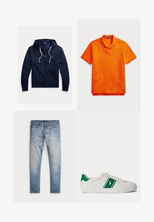 Marineblaue Kapuzenjacke mit Reißverschluss, weißen Kordeln, Fronttaschen und kleinem roten Polo Ralph Lauren-Logo auf der linken Brust.; Oranges Poloshirt aus Baumwolle; mit Kragen, zwei Knöpfen und kleinem blauen gestickten Logo auf der linken Brust. Kurze Ärmel.; Helle blaue Denim-Jeans mit einem ausgewaschenen Finish, Fünf-Taschen-Design und kontrastierenden Nähten. Mit Reißverschluss und Gürtelschlaufen. Gerade geschnitten.; Weißer Sneaker in Low-Top-Form mit grünem Streifen und Polo-Logo an der Seite, grünem Fersenlaschen und weißen Schnürsenkeln, von der linken Seite vor neutralem Hintergrund dargestellt.