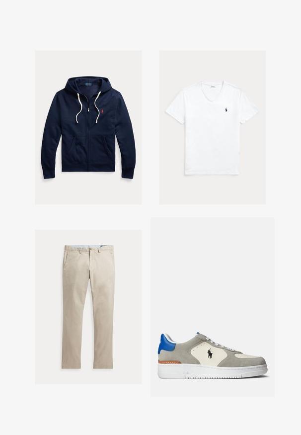 Marineblaue Kapuzenjacke mit Reißverschluss, weißen Kordeln, Fronttaschen und kleinem roten Polo Ralph Lauren-Logo auf der linken Brust.; Weißes V-Ausschnitt-T-Shirt mit kurzen Ärmeln und kleinem dunkelblauem Polo Ralph Lauren Logo auf der linken Brust, flach auf hellem Hintergrund präsentiert.; Beige Baumwollhose mit geradem Bein, Fronttaschen, Gürtelschlaufen, Knopfverschluss und Reißverschluss, flach auf weißem Hintergrund dargestellt.; Graue Wildleder- und weiße Leder-Sneaker mit blauen Akzenten, ausgestattet mit einem Logo, weißen Schnürsenkeln und einer strukturierten Gummisohle.