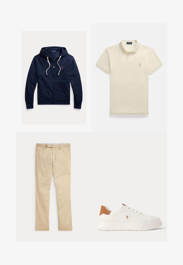 Tumesinine lukuga kapuutsiga dressipluus valgete paeladega, ees taskud ja vasakul rinnal väike punane Polo Ralph Lauren logo.; Beežist lühikeste varrukatega polo-särk, millel on nööpidega krae ja väike vasakul rinnal tikitud logo. Tekstureeritud puuvillane materjal.; Beeži sirgete säärega püksid vööaasade ja ees oleva tõmblukuga, laotatud tasaselt valgele taustale.; Valged madala säärega tossud, pruun kannaosa, valged paelad ja väike tikandiga polo mängija logo külje peal paksu taldmiku kohal.
