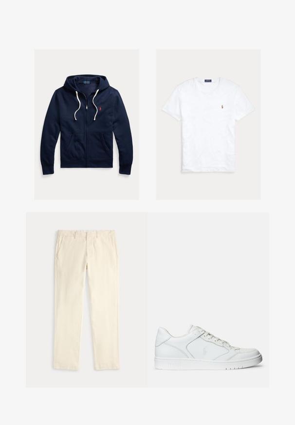 Tumesinine lukuga kapuutsiga dressipluus valgete paeladega, ees taskud ja vasakul rinnal väike punane Polo Ralph Lauren logo.; Valge lühikeste varrukatega ümara kaelusega T-särk, millel on väike Polo Ralph Laureni tikitud logo vasakul rinnal ning sinine kaubamärgi silt krae sees.; Kreemikas sirge jalaosaga püksid vöö aasade ja küljetaskutega, esitatud tasaselt heledal taustal.; Valged nahast spordijalatsid siledast materjalist, millel on ventilatsiooniga varvas, paelad ja kõrvale brodeeritud logo. Valge kummitald.