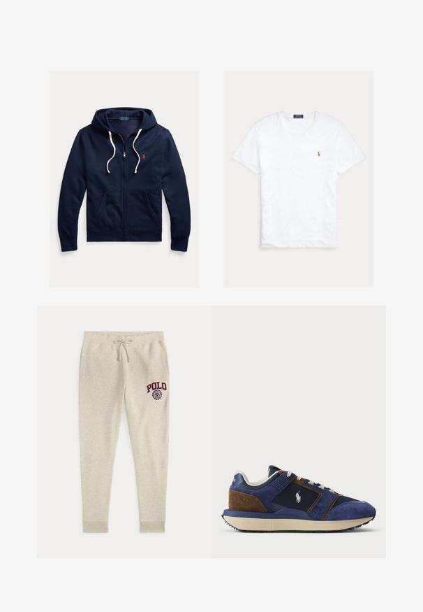 Tumesinine lukuga kapuutsiga dressipluus valgete paeladega, ees taskud ja vasakul rinnal väike punane Polo Ralph Lauren logo.; Valge lühikeste varrukatega ümara kaelusega T-särk, millel on väike Polo Ralph Laureni tikitud logo vasakul rinnal ning sinine kaubamärgi silt krae sees.; Beežid paelaga dressipüksid küljetaskutega ning punase "POLO" logoga ja embleemiga ülemisel vasakul reiel.; Tumedat sinine nahk ja võrk, millel on heledamad aktsendid, beež kummist tald ja valged kingapaelad; külje peal on logo.