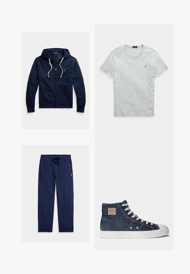 Marineblauwe hoodie met rits, witte trekkoorden, voorzakken en klein rood Polo Ralph Lauren-logo op de linkerborst.; Lichtgrijs T-shirt met korte mouwen en ronde hals met klein geborduurd Polo Ralph Lauren-logo op de linkerborst.; Navyblauwe joggingbroek gemaakt van zacht katoen, met een tailleband met trekkoord en een klein logo op het bovenste gedeelte van het linkerbeen. Gladde textuur, rechte pijp.; Marineblauwe hoge sneaker met witte veters, witte rubberen zool, metalen oogjes en een klein beige merklabel op het enkelgebied.