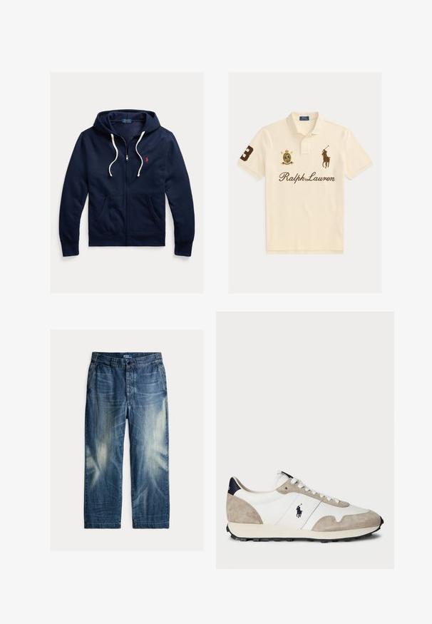 Marineblaue Kapuzenjacke mit Reißverschluss, weißen Kordeln, Fronttaschen und kleinem roten Polo Ralph Lauren-Logo auf der linken Brust.; Cremefarbenes Polohemd mit Ralph Lauren-Schriftzug, besticktem Polospieler-Logo, Nummer 3 am Ärmel und Wappen mit Krone auf der Brust.; Blaue ausgewaschene Jeans mit Fronttaschen, Gürtelschlaufen, Knopfverschluss und „Polo by Ralph Lauren“-Etikett im inneren Bund.; Weiße und beige Wildleder-Sneaker mit schwarzem Gummisohle und Polo-Logo an der Seite, von der Außenseite gegen einen weißen Hintergrund betrachtet.