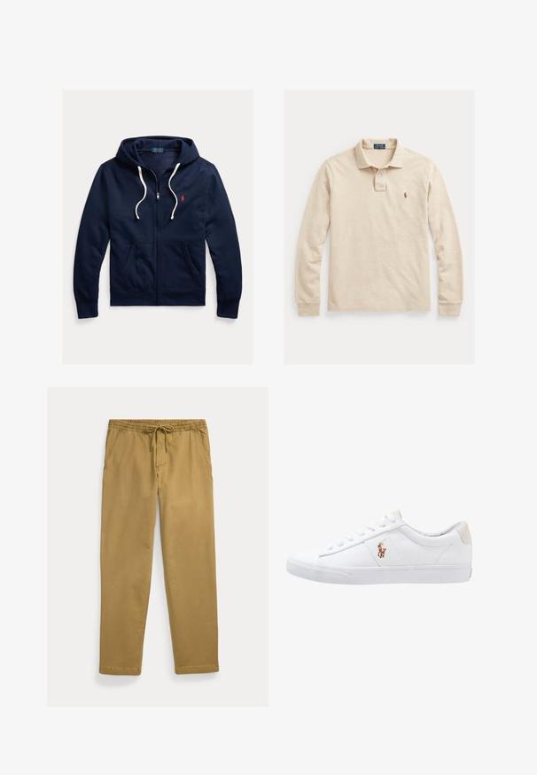 Tmavomodrá mikina s kapucňou na zips s bielymi šnúrkami, prednými vreckami a malým červeným logom Polo Ralph Lauren na ľavej strane hrudníka.; Béžové tričko s dlhým rukávom z bavlny, s troj-tlačidlovým zapínaním, rebrovanými manžetami a malým vyšívaným logom na hrudi.; Khaki nohavice s rovnými nohavicami, elastickým pásom a prednou šnúrkou, obsahujúce šikmé predné vrecká a prešité lemy.; Biele plátenné tenisky s nízkym strihom, ktoré majú béžový opasok na päte a malé vyšívané logo na boku. Gumová podrážka.
