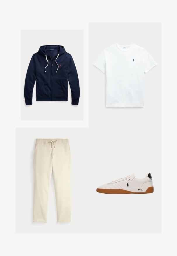 Sudadera con capucha azul marino con cremallera, cordones blancos, bolsillos delanteros y pequeño logo rojo de Polo Ralph Lauren en el pecho izquierdo.; Camiseta de algodón blanca con mangas cortas, cuello redondo y un pequeño logo en azul marino en el lado izquierdo del pecho. Textura suave y corte clásico.; Pantalones casuales color blanco roto con cinturilla elástica y cordón, piernas rectas y bolsillos laterales sobre un fondo liso.; Zapatilla blanca de estilo bajo con suela de goma marrón, logo negro de Polo Ralph Lauren en el lateral y texto "RL" en la parte del talón.