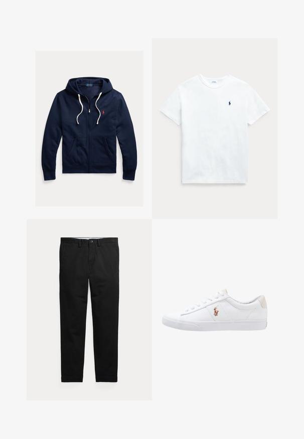 Sudadera con capucha azul marino con cremallera, cordones blancos, bolsillos delanteros y pequeño logo rojo de Polo Ralph Lauren en el pecho izquierdo.; Camiseta de algodón blanca con mangas cortas, cuello redondo y un pequeño logo en azul marino en el lado izquierdo del pecho. Textura suave y corte clásico.; Pantalones negros de pierna recta con trabillas para cinturón, botón frontal y bolsillos laterales, mostrados planos sobre un fondo claro.; Zapatilla de lona blanca con diseño de corte bajo, que cuenta con un taco trasero beige y un pequeño logo bordado en el costado. Suela de goma.