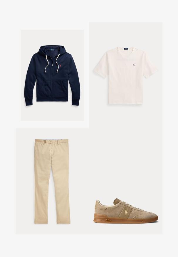Marineblå lynlåshoodie med hvide snore, forlommer og lille rød Polo Ralph Lauren-logo på venstre bryst.; Hvid T-shirt med korte ærmer og rund hals med lille marineblåt Polo Ralph Lauren-logo på venstre bryst.; Beige bukser med lige ben, bæltestropper og frontlynlås, lagt fladt mod en hvid baggrund.; Beige ruskind og læder lav-top sneaker med gummisål, hvide snørebånd og Polo-logo på siden og sålen.