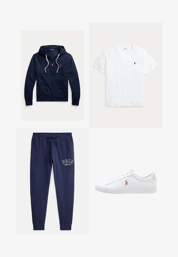 Marineblaue Kapuzenjacke mit Reißverschluss, weißen Kordeln, Fronttaschen und kleinem roten Polo Ralph Lauren-Logo auf der linken Brust.; Weißes T-Shirt mit V-Ausschnitt und kurzen Ärmeln mit kleinem marineblauem Polo Ralph Lauren Pferdelogo auf der linken Brust.; Marineblaue Baumwoll-Jogginghosen mit elastischem Bund und verstellbarem Kordelzug. Mit weiß gesticktem "POLO"-Logo auf dem linken Oberschenkel.; Weiße Leinensneaker im Low-Top-Design mit einem beigen Ferseneinsatz und einem kleinen gestickten Logo an der Seite. Gummisohle.