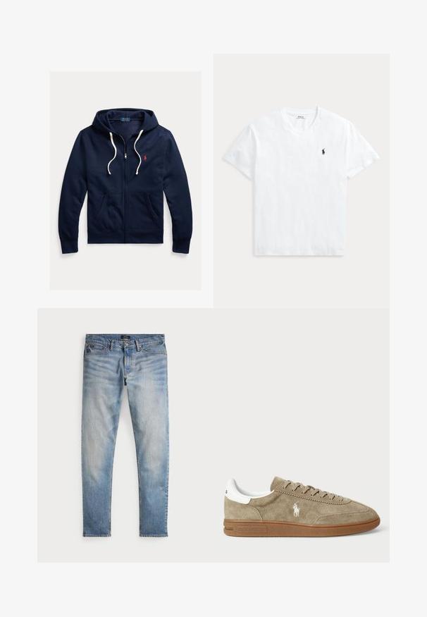 Marineblaue Kapuzenjacke mit Reißverschluss, weißen Kordeln, Fronttaschen und kleinem roten Polo Ralph Lauren-Logo auf der linken Brust.; Weißes T-Shirt mit V-Ausschnitt und kurzen Ärmeln mit kleinem marineblauem Polo Ralph Lauren Pferdelogo auf der linken Brust.; Helle blaue Denim-Jeans mit einem ausgewaschenen Finish, Fünf-Taschen-Design und kontrastierenden Nähten. Mit Reißverschluss und Gürtelschlaufen. Gerade geschnitten.; Wildledersneaker in Beige mit weißen Akzenten, runder Zehenform und Schnürdesign. Mit eingeprägtem Logo und Gummisohle für besseren Halt.
