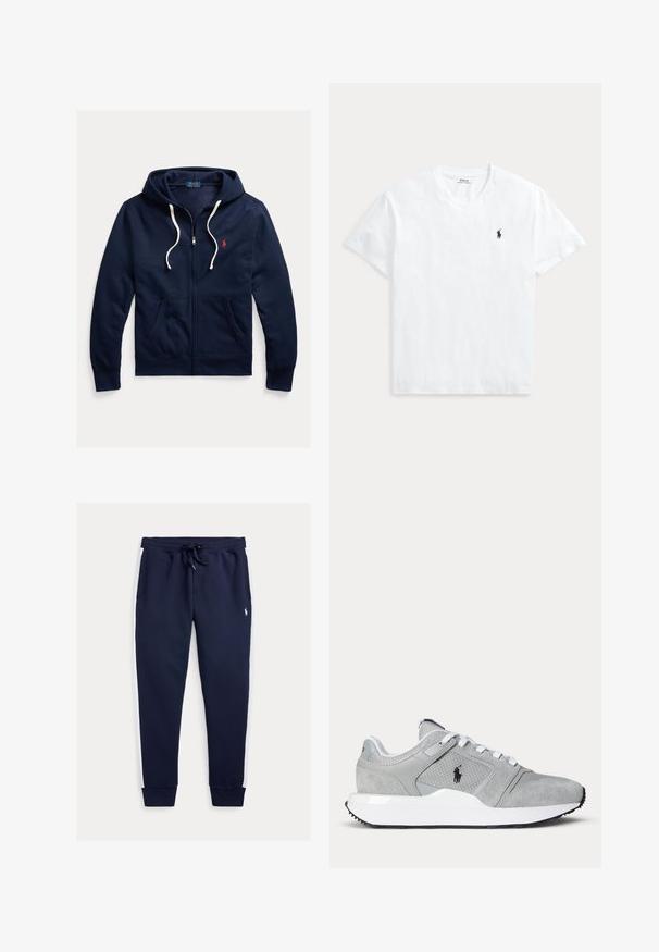 Tmavomodrá mikina s kapucňou na zips s bielymi šnúrkami, prednými vreckami a malým červeným logom Polo Ralph Lauren na ľavej strane hrudníka.; Biele tričko s krátkym rukávom a výstrihom do V s malým tmavomodrým logom koňa Polo Ralph Lauren na ľavej strane hrudníka.; Tmavomodré tepláky s bielymi bočnými panelmi, elastickým pásom so šnúrkou, rebrovanými manžetami a malým vyšívaným logom na hornej časti nohy.; Šedo-biely športový teniska s panelmi z oka a semišu, bielymi šnúrkami a čiernym logom na boku, zobrazený na jednoduchom pozadí.