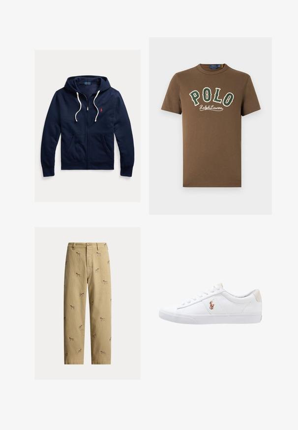 Tumesinine lukuga kapuutsiga dressipluus valgete paeladega, ees taskud ja vasakul rinnal väike punane Polo Ralph Lauren logo.; Pruunad lühikeste varrukatega T-särk, millel on ees roheline ja valge "POLO Ralph Lauren" tekst ning väike valge polomängija logo ääre lähedal allosas.; Beežid sametpüksid, millel on tikitud koera mustrid, sirge säärega lõige ja viis taskut, ees käeluku trukk.; Valge kanvasest tennis, madala lõikega disain, millel on beež kontsapink ja väike tikitud logo küljel. Kummi välissole.