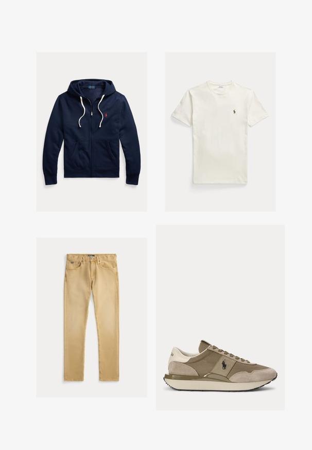 Tumesinine lukuga kapuutsiga dressipluus valgete paeladega, ees taskud ja vasakul rinnal väike punane Polo Ralph Lauren logo.; Lihtne valge lühikeste varrukatega T-särk väikese tikitud polomängija logoga vasakul rinnal, asetatud heledale taustale.; Beige puuvillased teksad, millel on kitsas lõige, viie tasku disain ja nähtav õmblus. Omab metallist nöpp ja silt vööl.; Bežide ja pruuni tossu külgvaade, millel on seemisnahast detailid ja Polo logo küljes, ühevärvilise tausta ees.