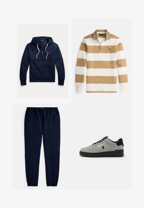 Tmavomodrá mikina s kapucňou na zips s bielymi šnúrkami, prednými vreckami a malým červeným logom Polo Ralph Lauren na ľavej strane hrudníka.; Béžovo-biele široké pruhované tričko na dlhý rukáv s béžovým golierom a logom Polo Ralph Lauren na ľavej strane hrudníka.; Tmavomodré bavlnené pohodlné nohavice s rebrovanou textúrou, elastickým pásom, nastaviteľným sťahovacím šnúrkom a zúženými manžetami na členkoch.; Sivé semišové tenisky s čiernymi akcentami, s textúrovanou bočnou panelou, okrúhlou špičkou a čiernou gumovou podrážkou. Vyšívané logo na boku.