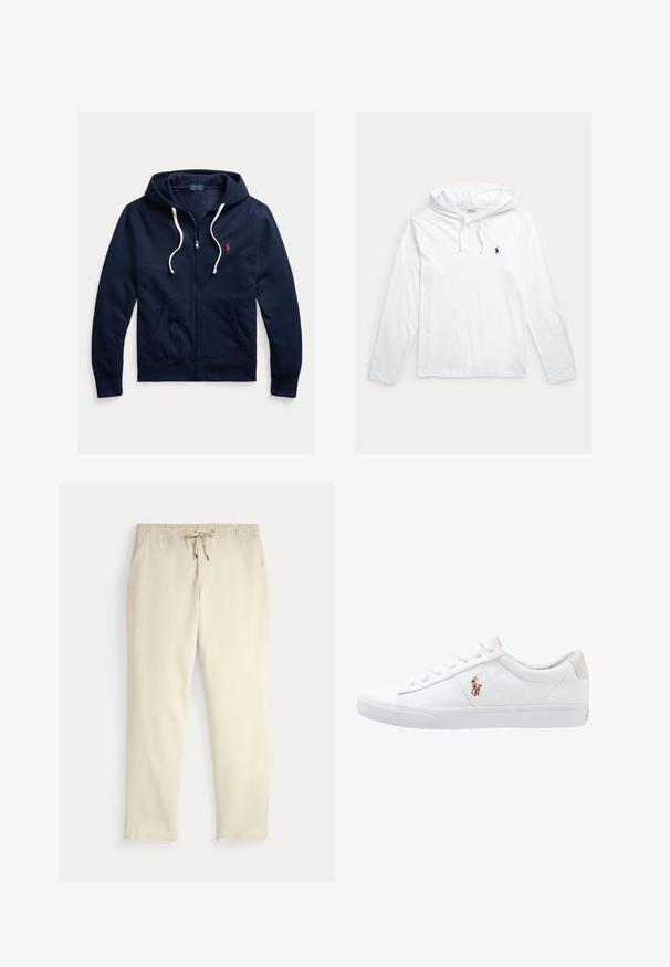 Marineblaue Kapuzenjacke mit Reißverschluss, weißen Kordeln, Fronttaschen und kleinem roten Polo Ralph Lauren-Logo auf der linken Brust.; Weißer Kapuzenpullover mit langen Ärmeln, Kordelzügen und kleinem marineblauem Polo-Spieler-Logo auf der linken Brust.; Beige legere Hosen mit elastischem Bund und Kordelzug, gerade Hosenbeine und seitlichen Taschen vor einem einfarbigen Hintergrund.; Weiße Leinensneaker im Low-Top-Design mit einem beigen Ferseneinsatz und einem kleinen gestickten Logo an der Seite. Gummisohle.