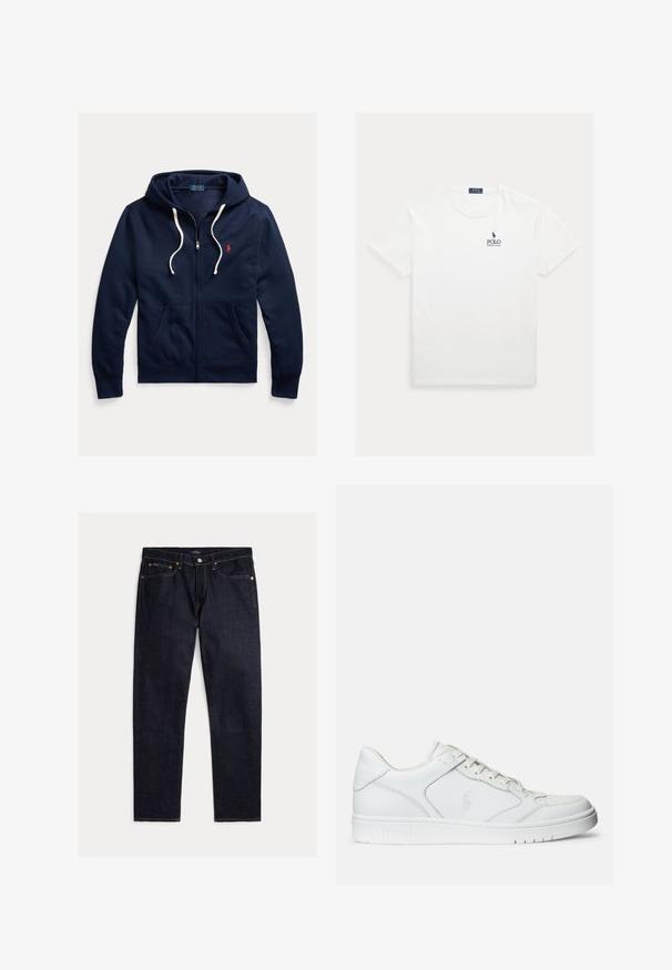 Sudadera con capucha azul marino con cremallera, cordones blancos, bolsillos delanteros y pequeño logo rojo de Polo Ralph Lauren en el pecho izquierdo.; Camiseta blanca de manga corta y cuello redondo con pequeño logo Polo Ralph Lauren azul marino en el pecho izquierdo.; Vaqueros rectos de índigo oscuro con cinco bolsillos, cierre de botón y cremallera, y costuras naranjas en contraste sobre un fondo liso.; Zapatilla de cuero blanca con textura suave, que presenta una puntera perforada, cierre de cordones y logo bordado en el lateral. Suela de goma blanca.
