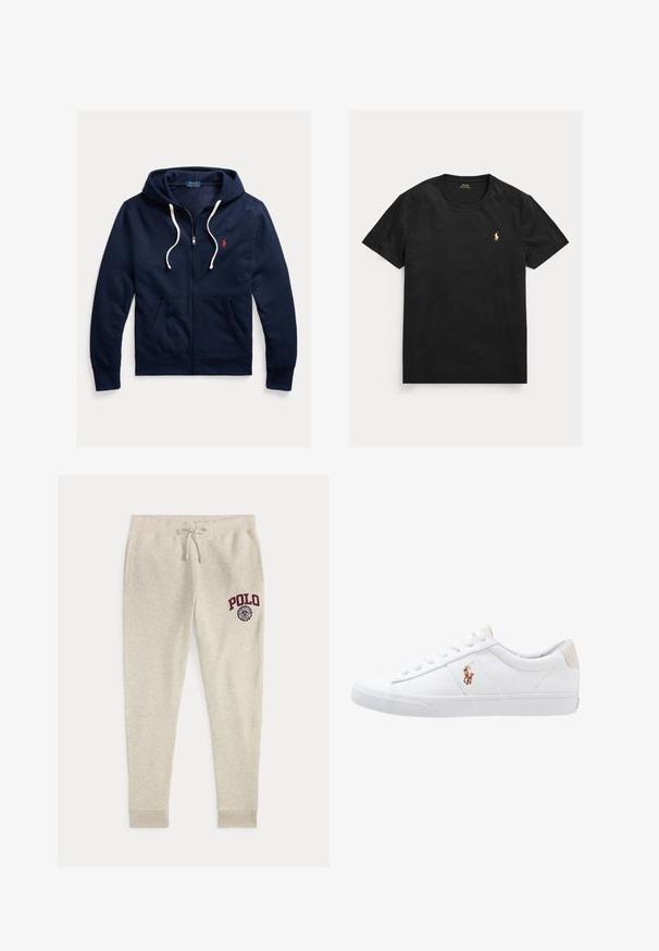 Marineblauwe hoodie met rits, witte trekkoorden, voorzakken en klein rood Polo Ralph Lauren-logo op de linkerborst.; Zwart T-shirt met korte mouwen en ronde hals met klein geel Polo Ralph Lauren-logo op de linkerborst.; Beige joggingbroek met trekkoord, zijzakken en rood "POLO"-logo en embleem op de bovenste linker dij.; Witte canvas sneakers met een laag ontwerp, featuring een beige hieltab en een klein geborduurd logo aan de zijkant. Rubber zool.